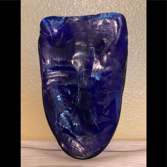 Rare HTF 10.5” Blue Glass Abstract Art Face Mask Sculpture - Picture 2 of 8